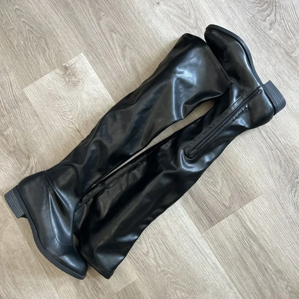 Allegra K Thigh High Boots Womens 9 Black Low Block Heel Over Knee Ankle Zip